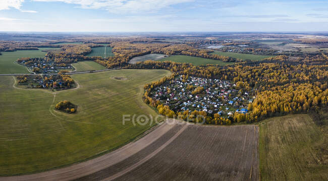 Russia, Moscow Oblast, Aerial view of countryside village in autumn — Stock Photo