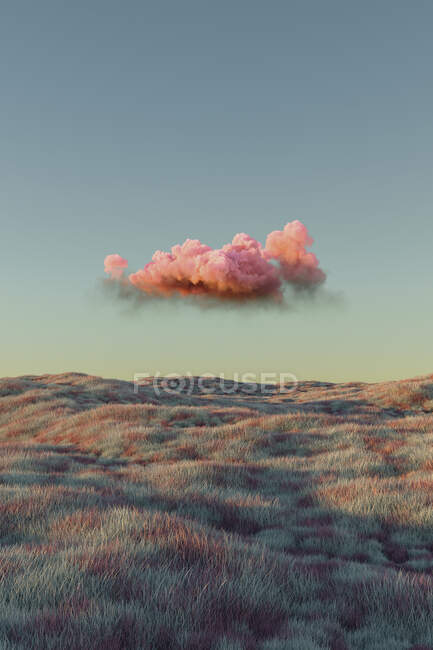 Renderização tridimensional de uma única nuvem rosa flutuando sobre a paisagem de rolamento gramado — Fotografia de Stock