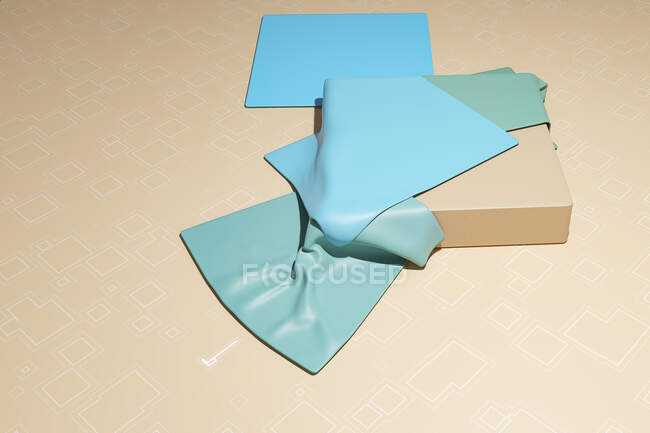 Three dimensional render of pastel blue fabric swatches against beige background — Stock Photo