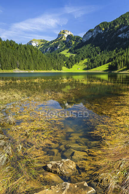Riva del lago Samtisersee in Alpstein gamma durante l'estate — Foto stock