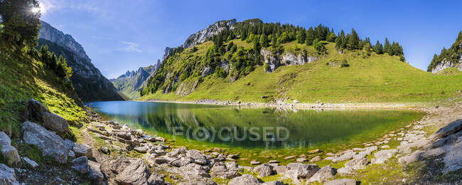 Скалистый берег озера Фалензее в Альпштайнском хребте летом — стоковое фото
