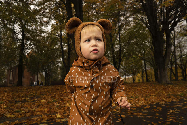 Симпатичный мальчик в коричневом плаще и кепке в осеннем парке — стоковое фото