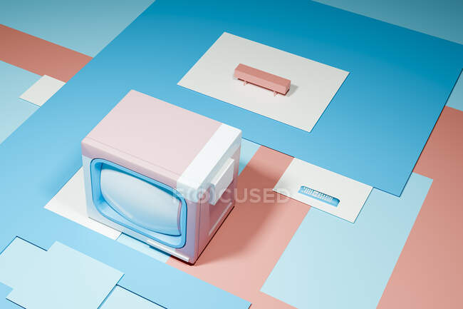 Astratto rendering tridimensionale di un televisore retrò color pastello — Foto stock