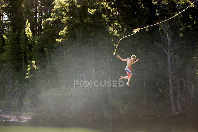 Boy In Swimming Shorts Letting Go Of Rope Swing Above Lake