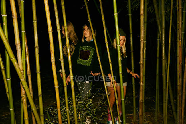 Femmes posant avec des branches de bambou — Photo de stock