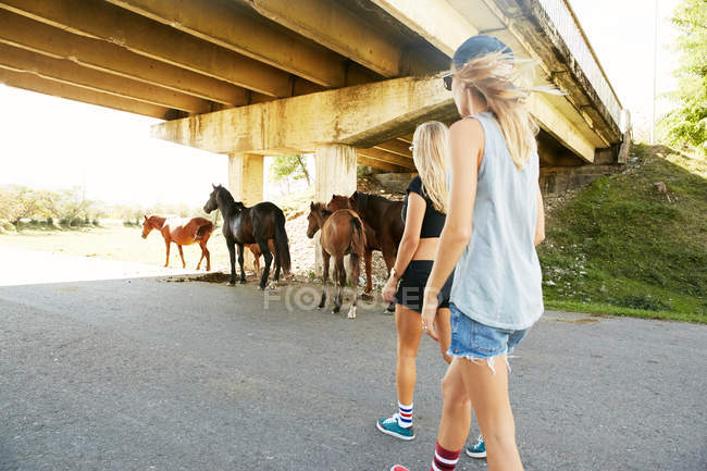 Mujeres caminando por el camino rural - foto de stock