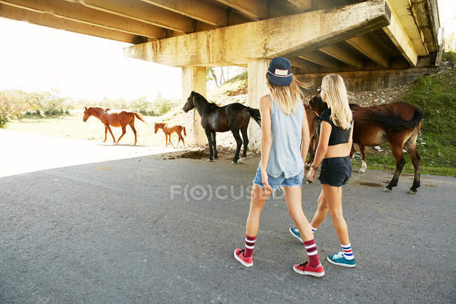 Mulheres caminhando na estrada rural — Fotografia de Stock