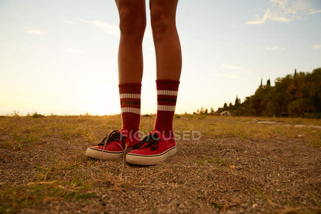 Patas femeninas en calcetines de rodilla - foto de stock