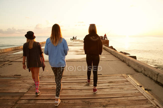 Amici che camminano sul lungomare — Foto stock