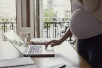 Mulher grávida usando computador portátil — Fotografia de Stock