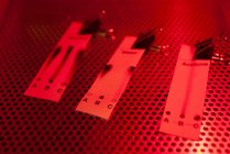Primer plano de las tiras de ensayo químicas iluminadas por la luz roja - foto de stock