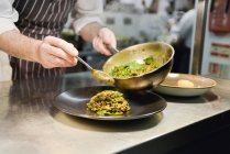 Шеф-повар ресторана кладет готовое блюдо чечевицы на тарелку — стоковое фото