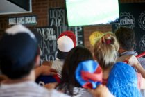 Los aficionados al fútbol francés viendo el partido de fútbol en la televisión en el pub - foto de stock