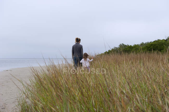 Мать и дочь гуляют по пляжу в облачный день — стоковое фото