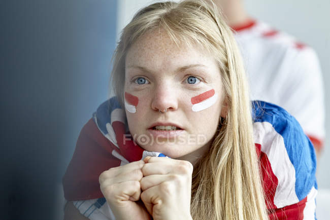 Closeup portrait of cheering English soccer fan — Stock Photo