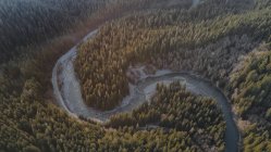 Daytime aerial view of mountain river s-shape bend — Stock Photo