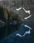 Tagsüber Blick auf Wald und Berg spiegelt sich in klaren Seenoberfläche — Stockfoto
