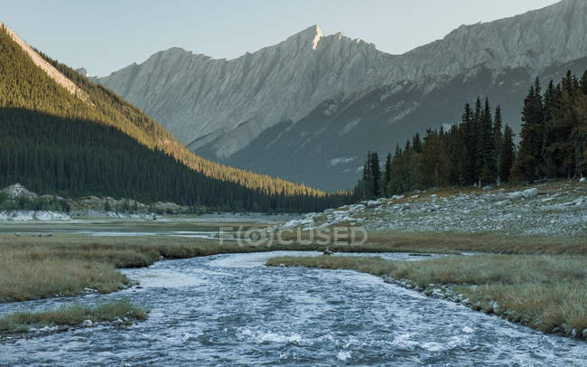 Vista diurna del paisaje montañoso con río cerca del lago Medicine, Parque Nacional Jasper - foto de stock