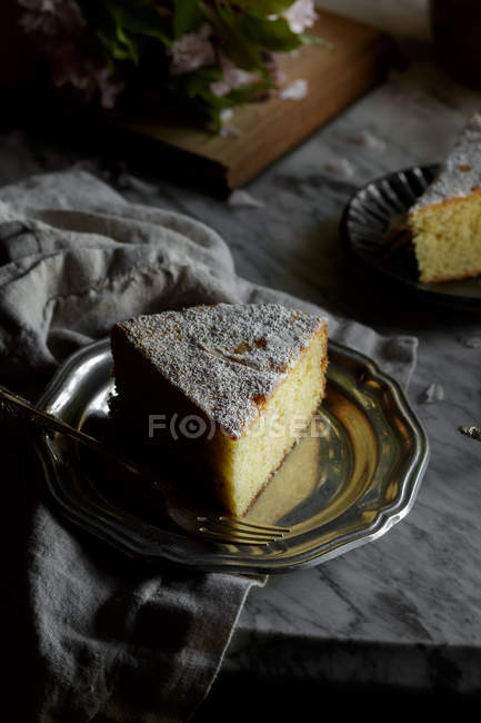 Pezzo di torta di chiffon su piastra metallica — Foto stock