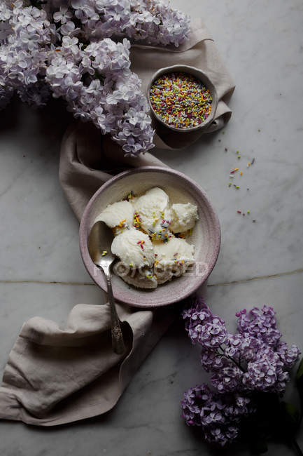 Fruit ice cream in bowl with purple lilac flowers — Stock Photo