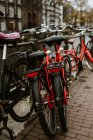 Rückansicht roter Fahrräder, die am Amsterdam-Kanal geparkt sind, Niederlande — Stockfoto