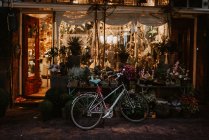 Abendszene mit typisch holländischer Architektur und Fahrrad am Eingang eines Blumenladens, Amsterdam, Niederlande — Stockfoto
