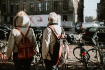 Vista trasera de pareja mayor caminando en la soleada calle Amsterdam - foto de stock
