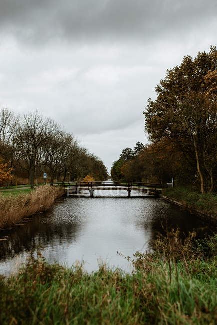 Paisaje del parque con puente sobre el canal a la luz del día - foto de stock