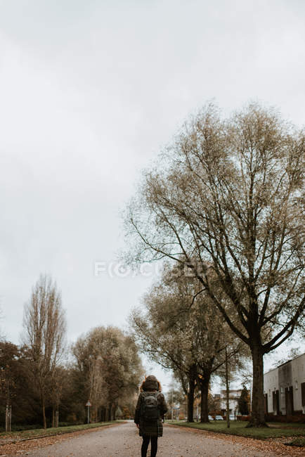 Вид сзади на женщину в пальто, стоящую на аллее парка — стоковое фото