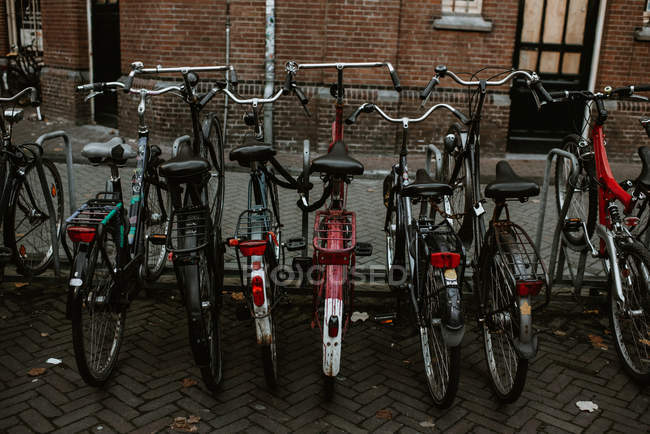 Vélos garés dans la rangée — Photo de stock