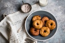 Apple donuts with cinnamon icing sugar — Stock Photo
