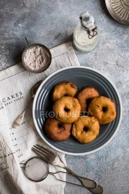 Donuts de maçã com açúcar de confeiteiro de canela — Fotografia de Stock