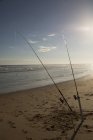 Fishing rods in sand on beach — Stock Photo