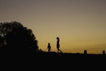Silhouette boy and woman walking on field against sunset sky — Stock Photo