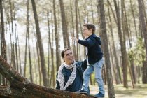 Buon padre che assiste il figlio nell'arrampicarsi sull'albero nella foresta — Foto stock