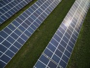 Low angle view of solar panels in row at green field — Stock Photo