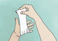 Illustration du bandage d'emballage à la main sur la paume sur fond coloré — Photo de stock