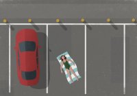 Aus der Vogelperspektive: Frau sonnt sich mit Auto auf Parkplatz — Stockfoto