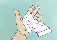 Illustration de la main avec bandage enveloppé sur la paume sur fond coloré — Photo de stock