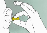 Illustration de la main mettant bouchon d'oreille jaune — Photo de stock