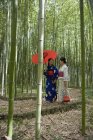 Dos mujeres con kimonos caminando por un bosque de bambú - foto de stock