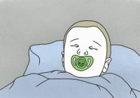 Illustration of boy sleeping with pacifier against gray background — Stock Photo