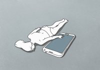 Un personnage féminin couché la main sur un grand téléphone portable — Photo de stock