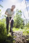 Man with beard digging with shovel in sunny garden — Stock Photo