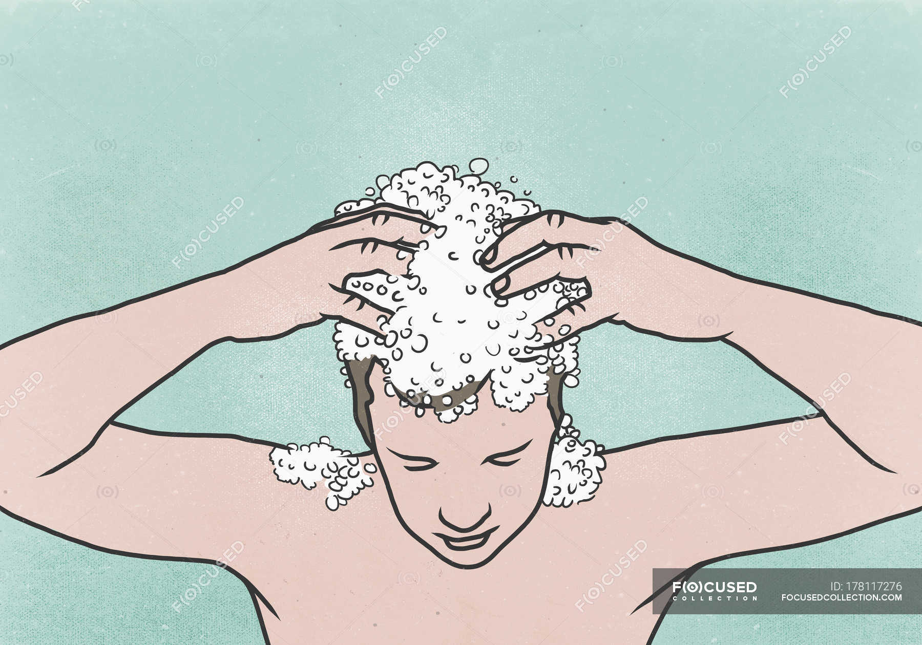 Illustration of man washing his hair against colored ...