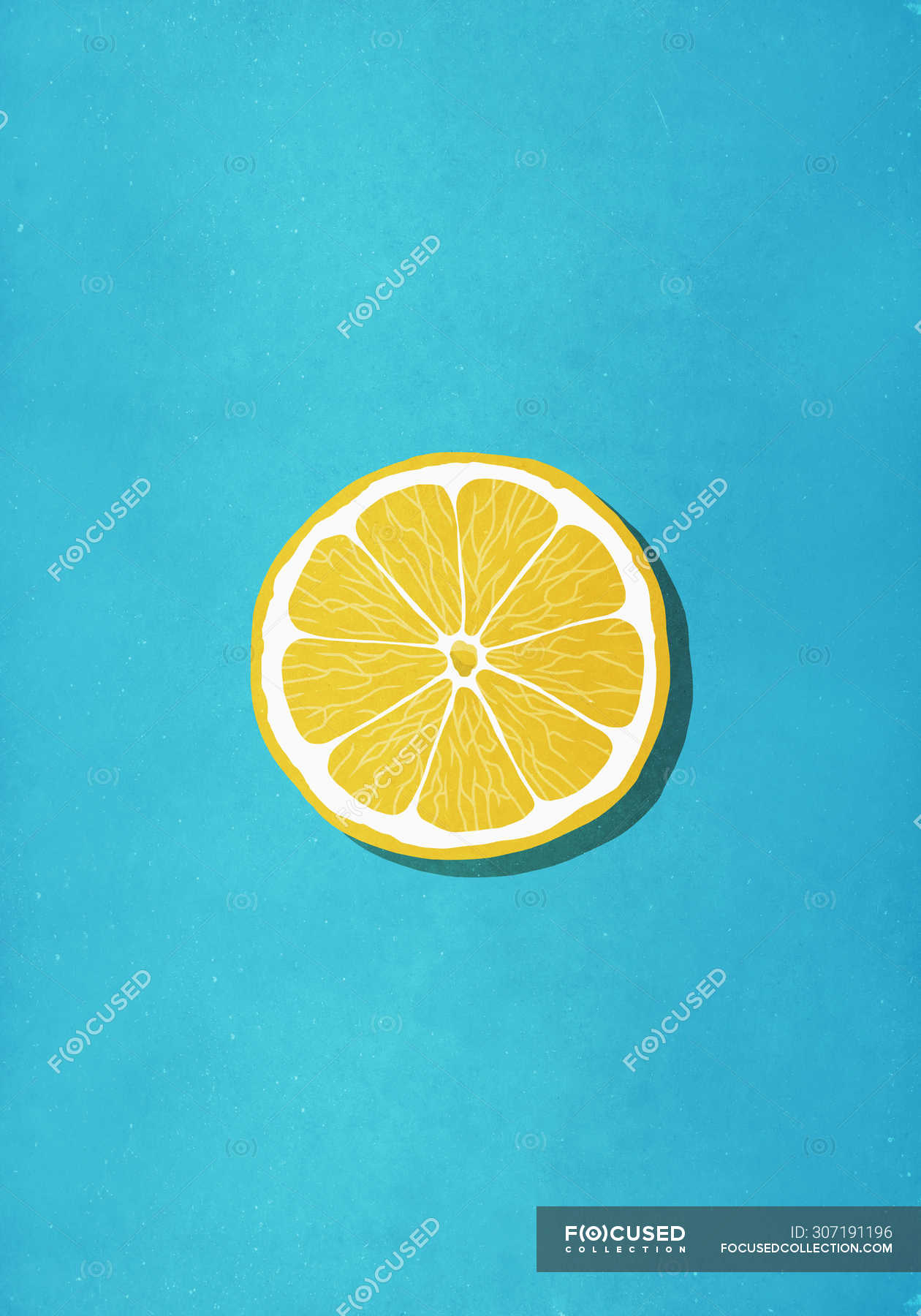Vibrant yellow lemon slice on blue background — Single Object, vertical -  Stock Photo | #307191196