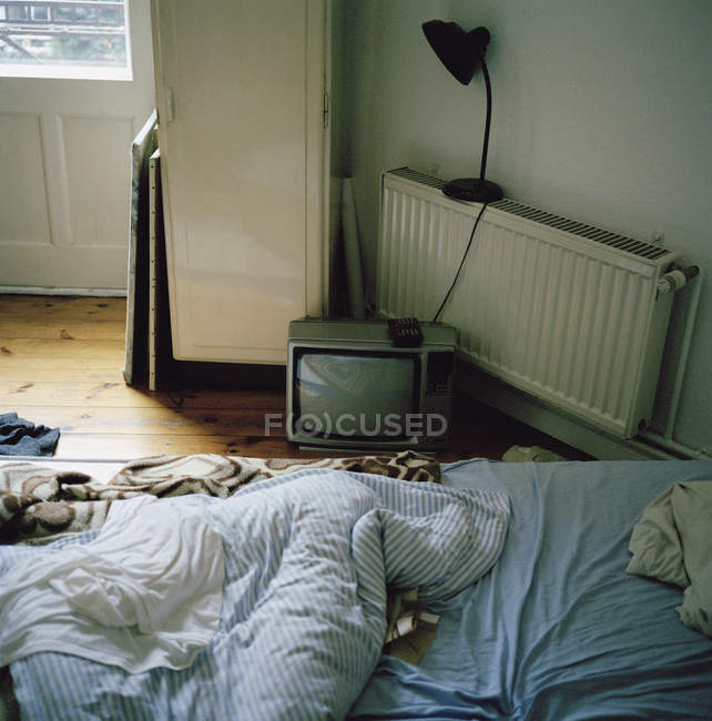 Vintage Tv Set Amid Messy Bedroom Blankets Blue Stock Photo 177140874