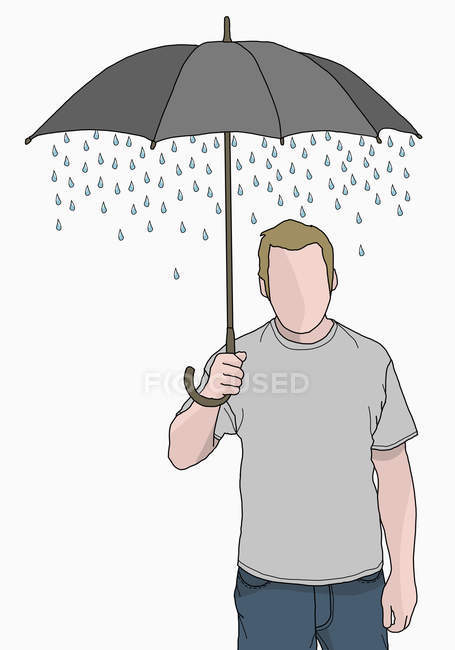 Man Holding Umbrella With Rain Coming Out Of It Three Dimensional Imagination Stock Photo