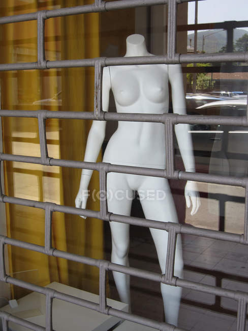 Maniquí desnudo en escaparate con barras - foto de stock