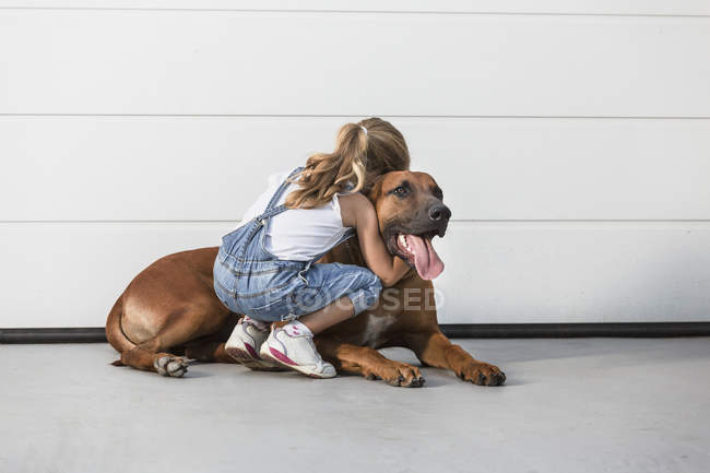 Visão traseira da menina abraçando o cão deitado — Fotografia de Stock